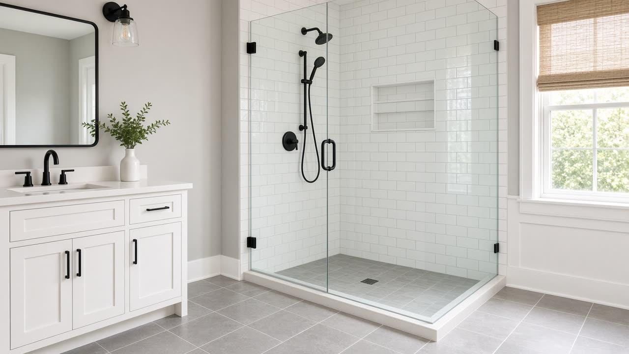 The same bathroom remodeled with a glass walk-in shower (illustration)